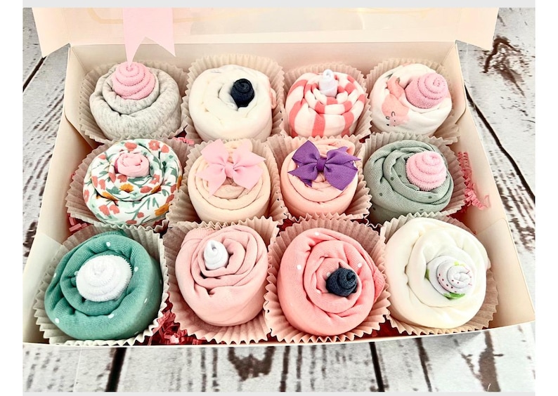Baby bodysuit cupcakes gift basket
